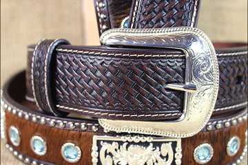 Dark Brown Tooled Leather & Hair-On Belt Blue Crystals Basketweave Silver Buckle